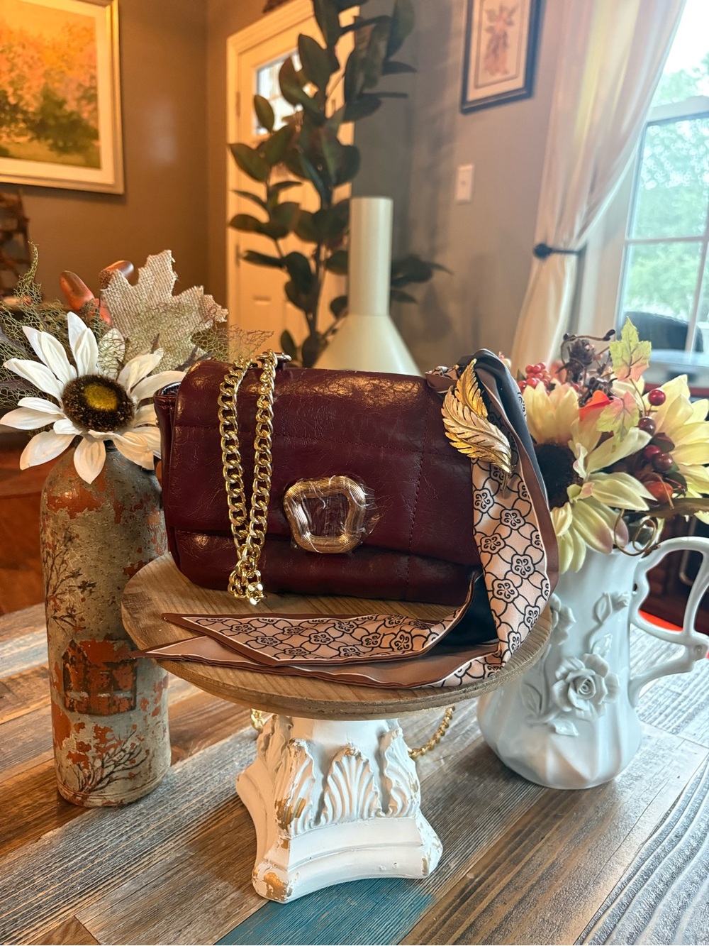 Newbella Burgundy Crossbody Bag with Scarf & Pin | Fall Set🍁🍁
